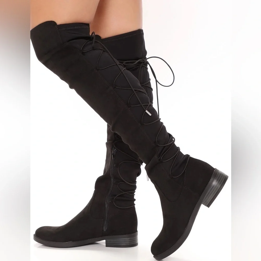 Black Lace-Up Knee High Boots | Faux Suede | Size 6.5